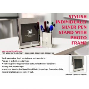 Silver metal pen stand with photo frame (1)-500x500