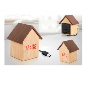 HUT SHAPE WOODEN LED CLOCK WITH TEMPERATURE AND SOUND SENSOR - CGP-2712