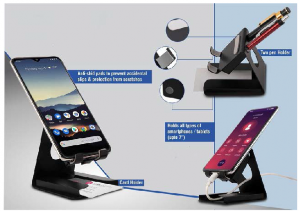 Metal Multi Mobile Stand With Visiting Card Holder And Double Pen Holder - CGP-3290