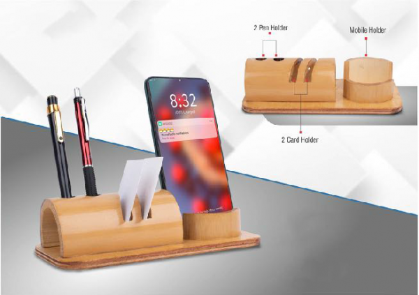 BAMBOO PHONE STAND WITH CARD HOLDER AND DOUBLE PEN STAND - CGP-3284